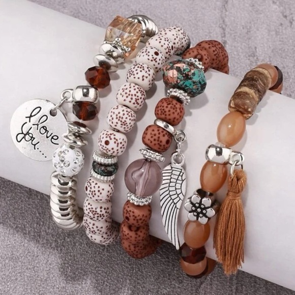I LOVE YOU Stacked Beaded Boho Bracelets Charms Tassel BRAND NEW - Picture 3 of 6
